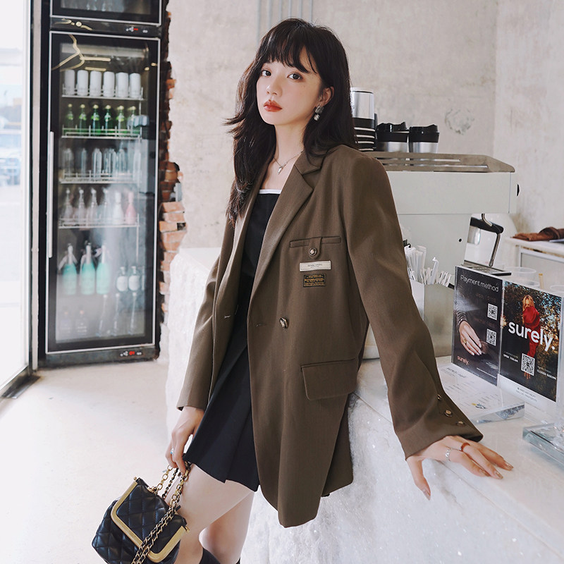 欧洲站小西装外套女春秋2023年薄款宽松贴标双排扣西服休闲上衣潮,女装风衣,浙宝199