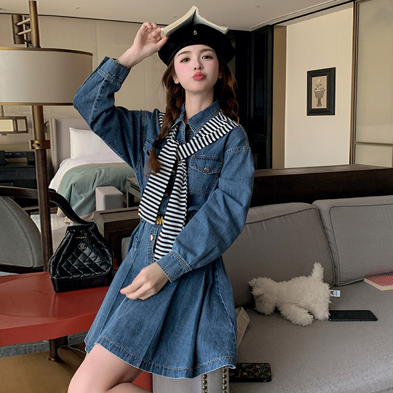 复古小个子牛仔连衣裙女2025春新款韩版收腰显瘦学院风减龄百褶裙,女装连衣裙,浙宝199