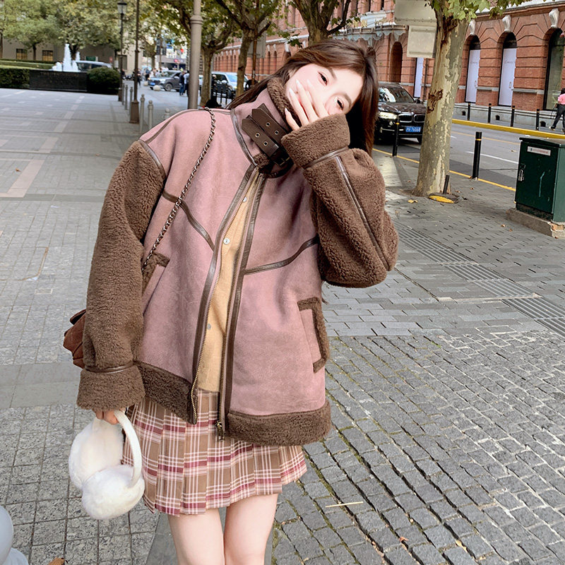 皮毛一体羊羔毛外套女2024冬季新款小个子宽松百搭加厚保暖机车服,女装短外套,浙宝199