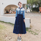 法式拼色蓝色长袖连衣裙女2025早春新款衬衫裙不规则桔梗a字长裙，女装连衣裙，浙宝199