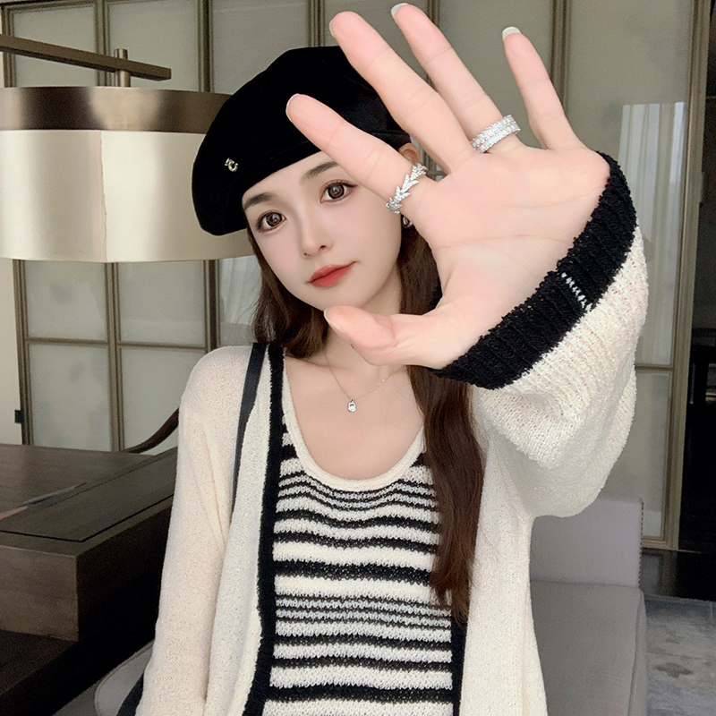 法式米色外套条纹针织连衣裙时尚女2025春季新款设计感,女装连衣裙,浙宝199