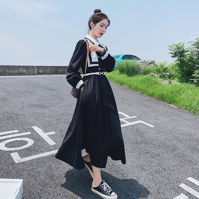 黑色海军领法式长袖连衣裙女秋收腰显瘦长裙2025新款茶歇桔梗裙子,女装风衣,浙宝199