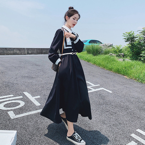 黑色海军领法式长袖连衣裙女秋收腰显瘦长裙2025新款茶歇桔梗裙子图片