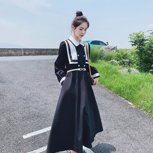 黑色海军领法式长袖连衣裙女秋收腰显瘦长裙2025新款茶歇桔梗裙子图片