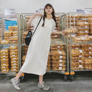 休闲白色T恤连衣裙女夏2025新款慵懒风小众设计感宽松直筒长裙子图片