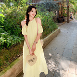 多巴胺黄色泡泡袖挂脖连衣裙女夏慵懒风松弛独特绝美度假露肩长裙，商品下架区，浙宝199