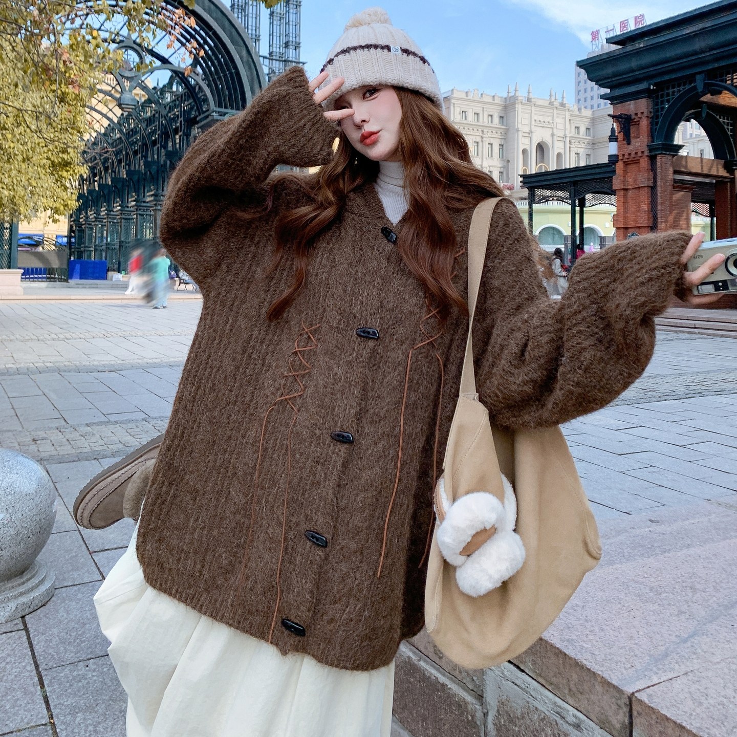 199-26507-P145-控218【好款现货】牛角扣毛衣厚外套连帽猫耳朵,针织衫/毛衣,浙宝199