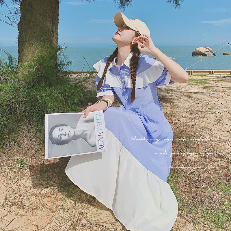 设计感小众不规则蓝色宽松衬衫长裙春秋新款温柔甜美连衣裙,女装连衣裙,浙宝199
