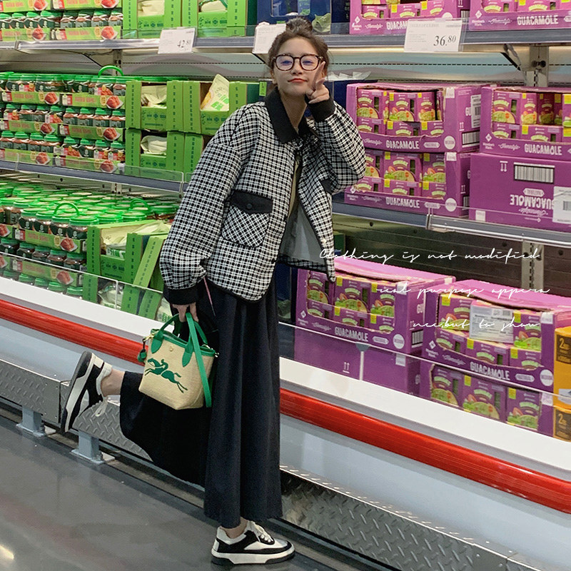 法式气质格子拼接外套女短款设计感2024春秋新款复古小个子夹克衫,女装短外套,浙宝199