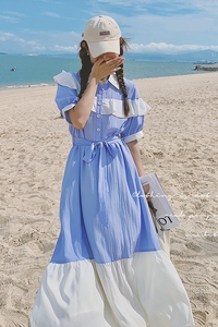 撞色拼接孕妇装夏装衬衫连衣裙小个子孕早期甜美温柔风不规则裙子图片