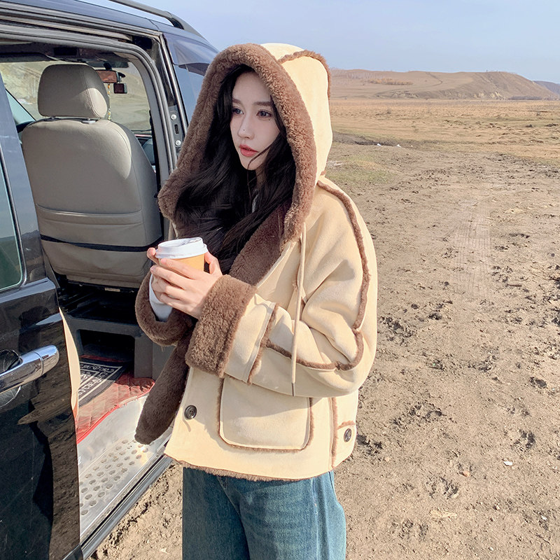 小个子连帽皮毛一体毛毛外套女2025冬季新款设计感减龄加厚棉服,女装短外套,浙宝199