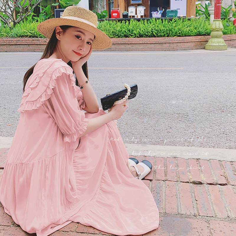粉色娃娃领连衣裙女仙气超仙森系2023夏季新款设计感法式甜美长裙图片