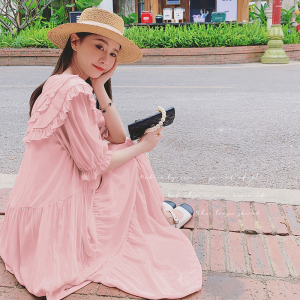 粉色娃娃领连衣裙女仙气超仙森系2023夏季新款设计感法式甜美长裙图片