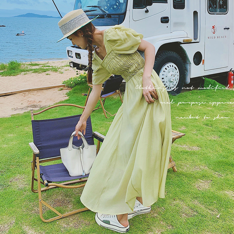 超显身材法式连衣裙女夏复古方领泡泡袖露背收腰显瘦天丝a字长裙,女装连衣裙,浙宝199