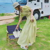 超显身材法式连衣裙女夏复古方领泡泡袖露背收腰显瘦天丝a字长裙，女装连衣裙，浙宝199
