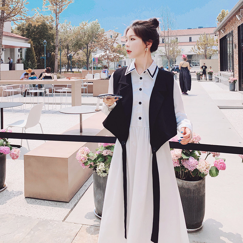 白色连衣裙女夏新款气质显瘦法式设计感小众马甲a字衬衫裙,女装连衣裙,浙宝199