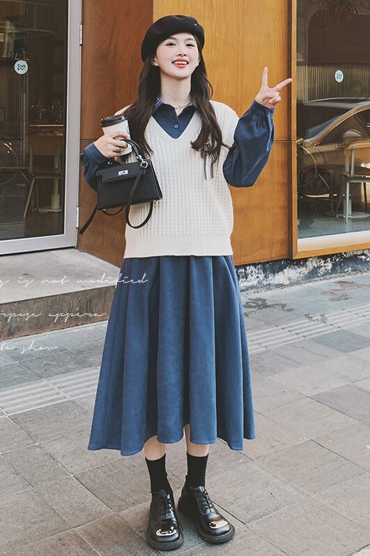 灯芯绒长袖连衣裙女2025春季新款设计感针织马甲衬衫领长裙两件套,女装套装/套裙,浙宝199