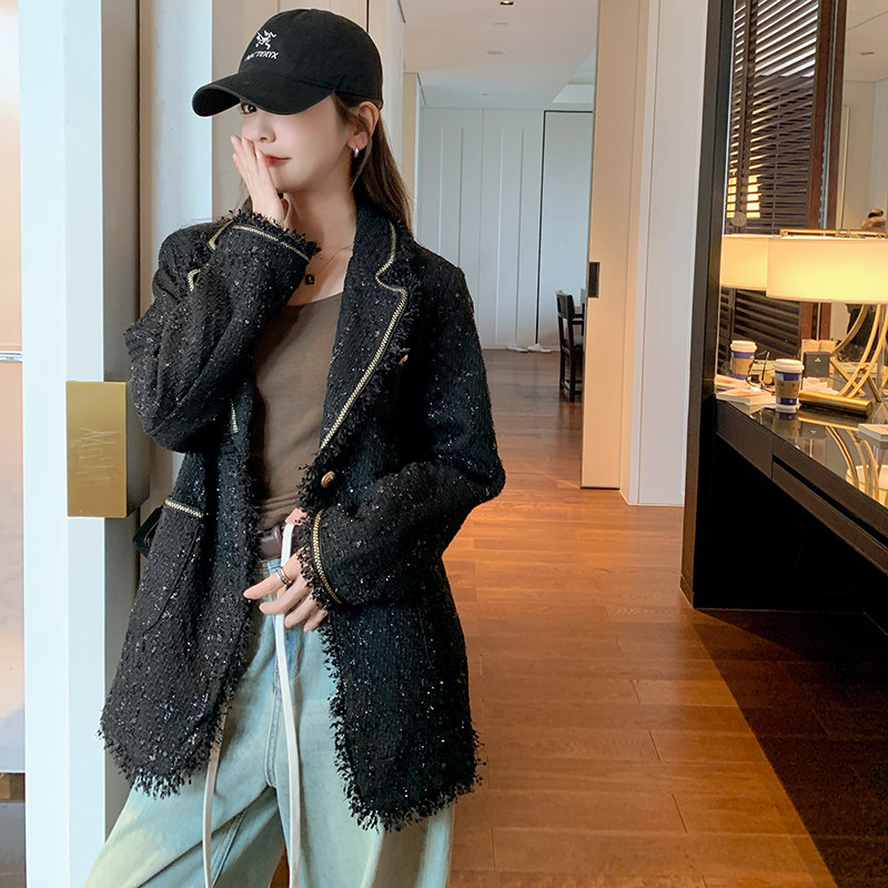 韩系小香风短外套女2025早春新款流苏粗花呢轻奢高级感宽松西装,女装短外套,浙宝199