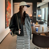 复古黑色翻领皮衣外套女春秋短款小个子2025新款宽松休闲PU皮夹克，女装短外套，浙宝199