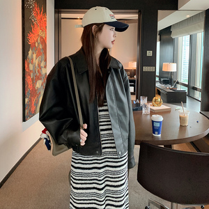 复古黑色翻领皮衣外套女春秋短款小个子2025新款宽松休闲PU皮夹克图片