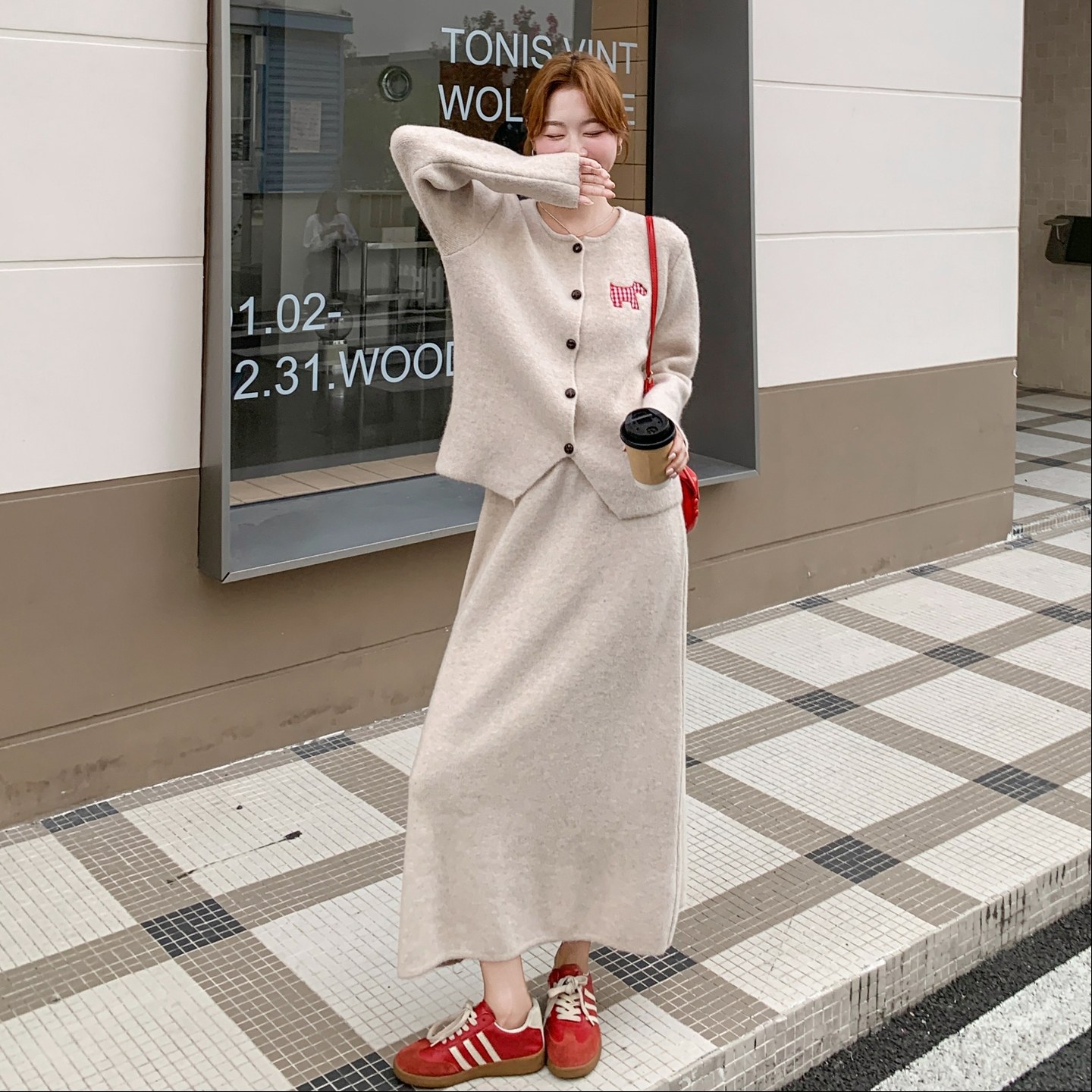 199-26375-P135-控198【好款现货】二件套弹力半身裙毛织套装开衫,女装套装/套裙,浙宝199