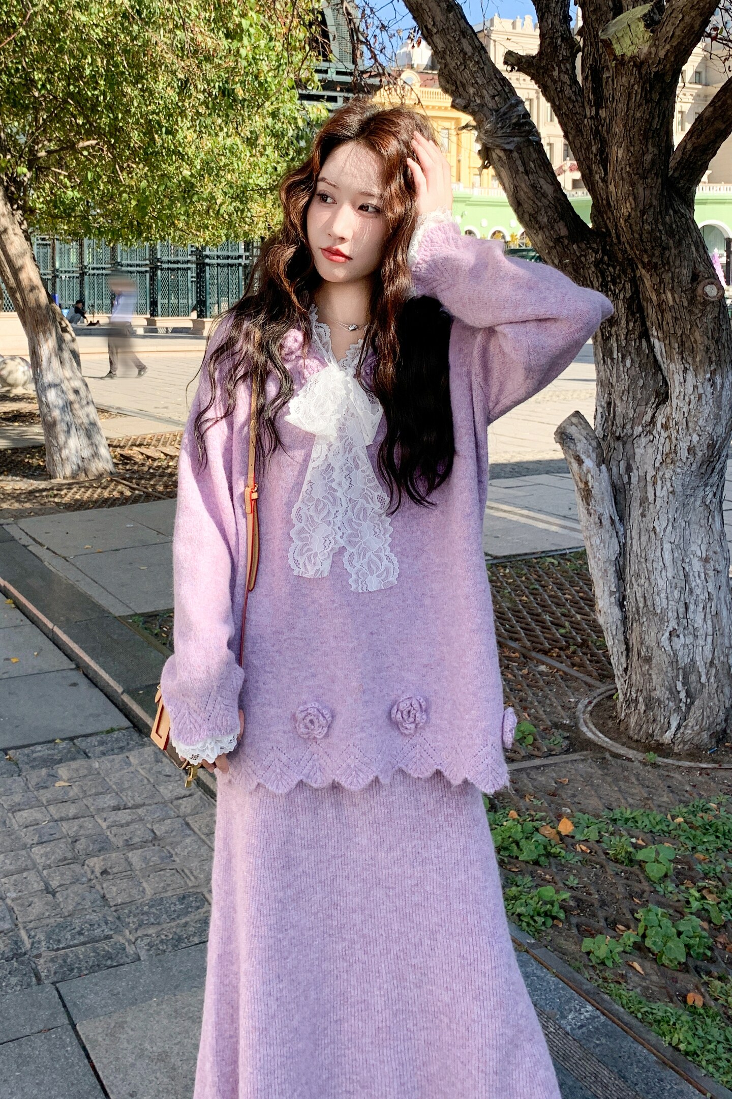 199-26398-P155-K228【好款现货】二件套半身裙毛织花边蝴蝶结,女装套装/套裙,浙宝199