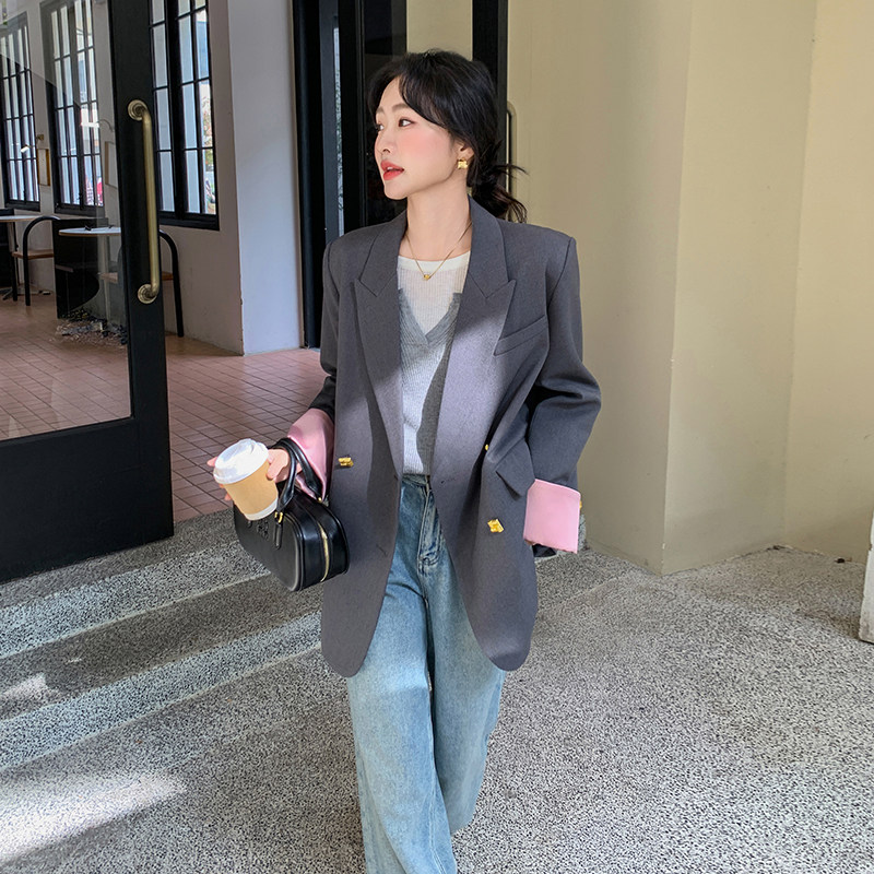 韩系大女主短外套女2025早春新款粉灰撞色拼接超好看宽松显瘦西装,女装西装,浙宝199