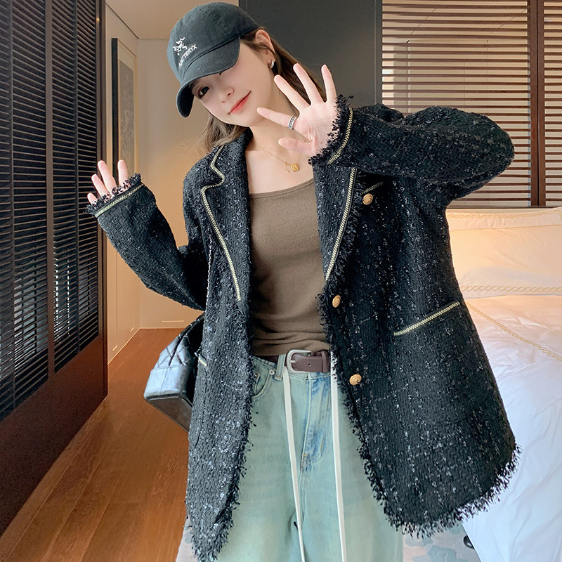 韩系小香风短外套女2025早春新款流苏粗花呢轻奢高级感宽松西装,女装短外套,浙宝199