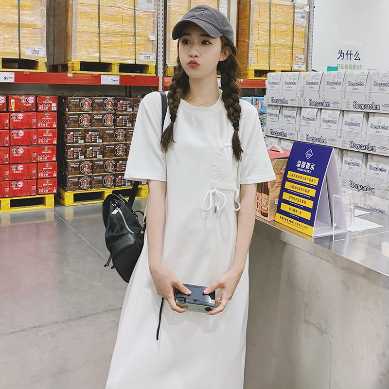 休闲白色T恤连衣裙女夏2025新款慵懒风小众设计感宽松直筒长裙子,女装连衣裙,浙宝199