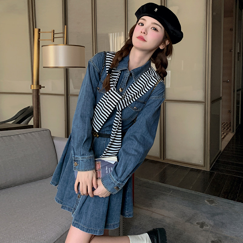 复古小个子牛仔连衣裙女2025春新款韩版收腰显瘦学院风减龄百褶裙,女装连衣裙,浙宝199
