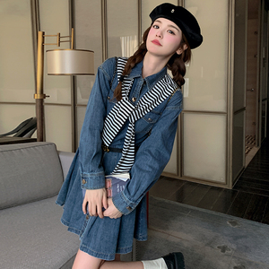 复古小个子牛仔连衣裙女2025春新款韩版收腰显瘦学院风减龄百褶裙图片