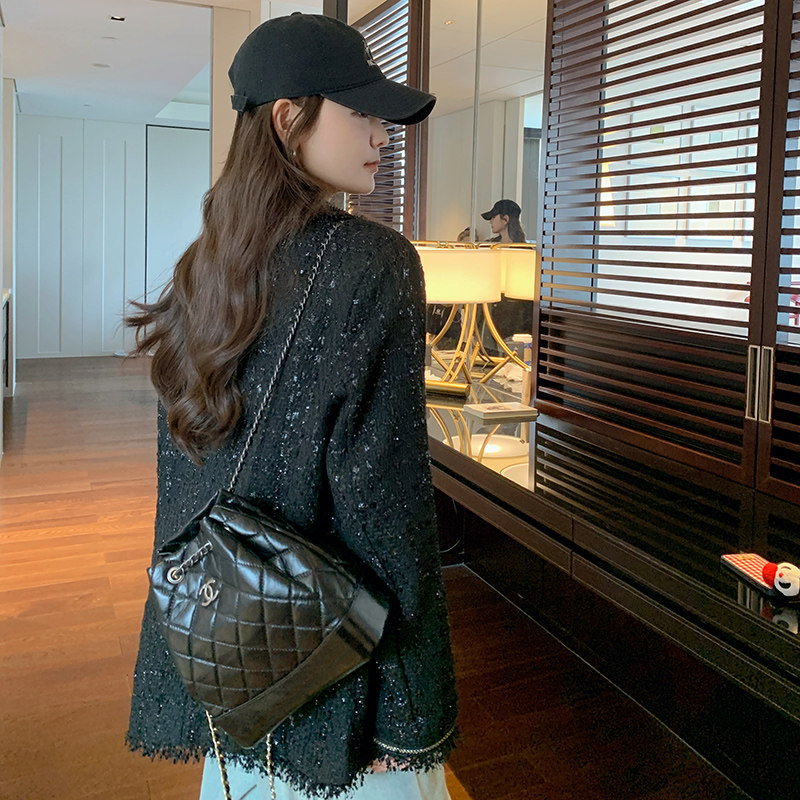 韩系小香风短外套女2025早春新款流苏粗花呢轻奢高级感宽松西装,女装短外套,浙宝199