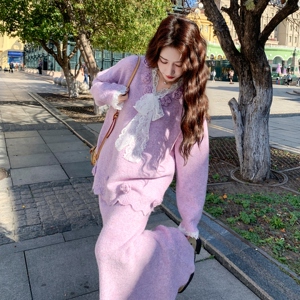 199-26398-P155-K228【好款现货】二件套半身裙毛织花边蝴蝶结图片
