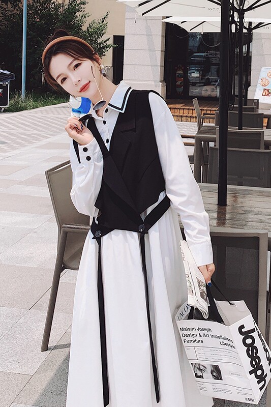 白色连衣裙女夏新款气质显瘦法式设计感小众马甲a字衬衫裙,女装连衣裙,浙宝199