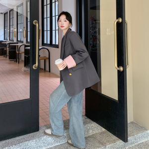 韩系大女主短外套女2025早春新款粉灰撞色拼接超好看宽松显瘦西装图片