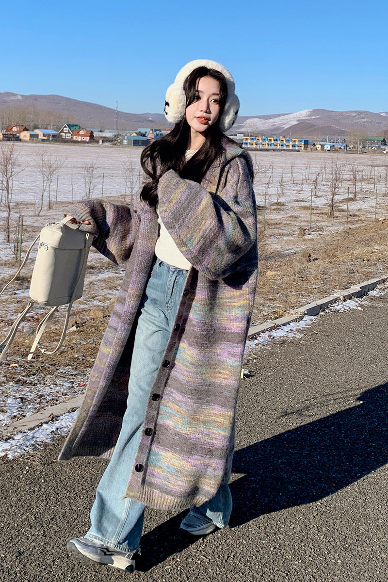 复古彩纱条纹连帽开衫女2025秋季新款长款宽松显瘦加厚针织大衣潮,针织衫/毛衣,浙宝199