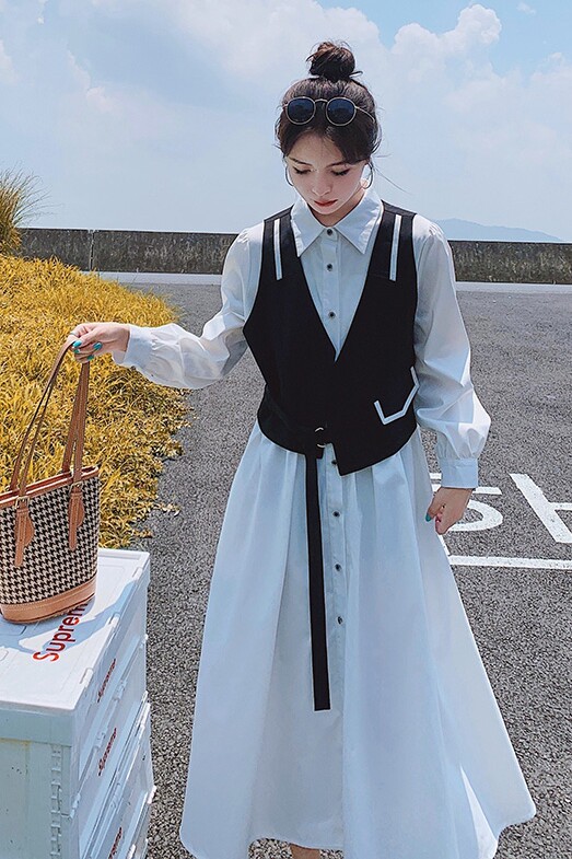 小众设计感撞色拼接长袖连衣裙女秋季2024新款时尚洋气衬衫长裙子,女装连衣裙,浙宝199