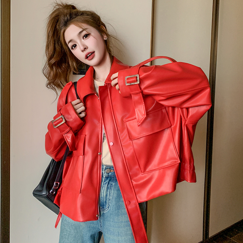 红色皮衣外套女春秋2025新款美式复古时髦设计感网红炸街PU皮夹克，女装短外套，浙宝199