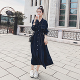 中长款蓝色裙子女秋季新款法式收腰显瘦长裙气质女神范绑带连衣裙，女装风衣，浙宝199