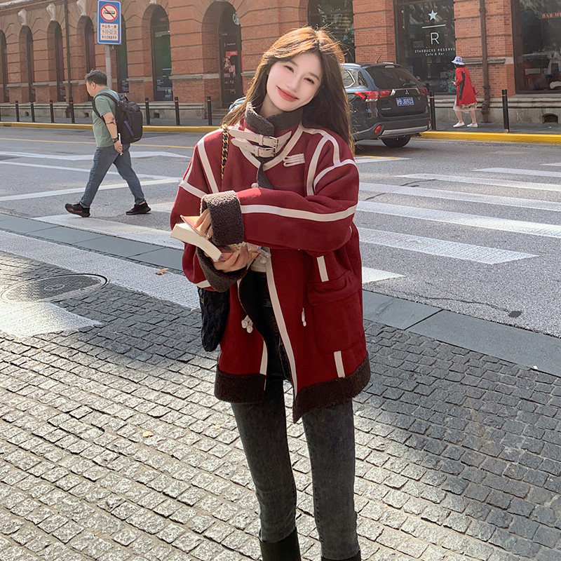 红色羊羔毛皮毛一体外套女冬季2024新款立领韩系短款加厚显瘦棉衣，女装短外套，浙宝199