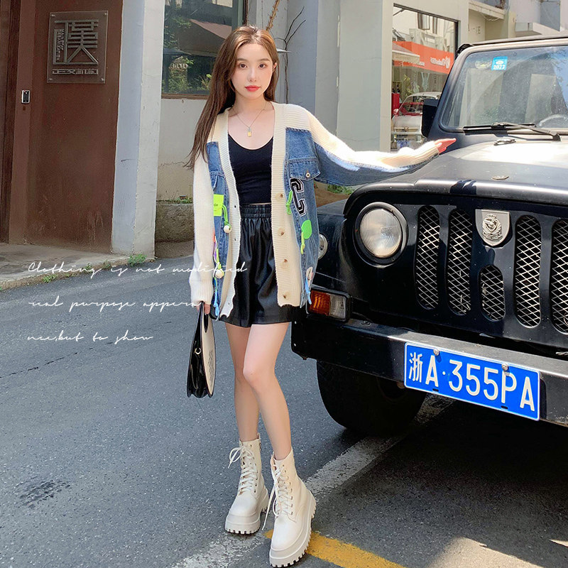 韩系牛仔拼接毛衣外套女2024春秋新款设计感小众宽松开衫针织上衣,女装短外套,浙宝199