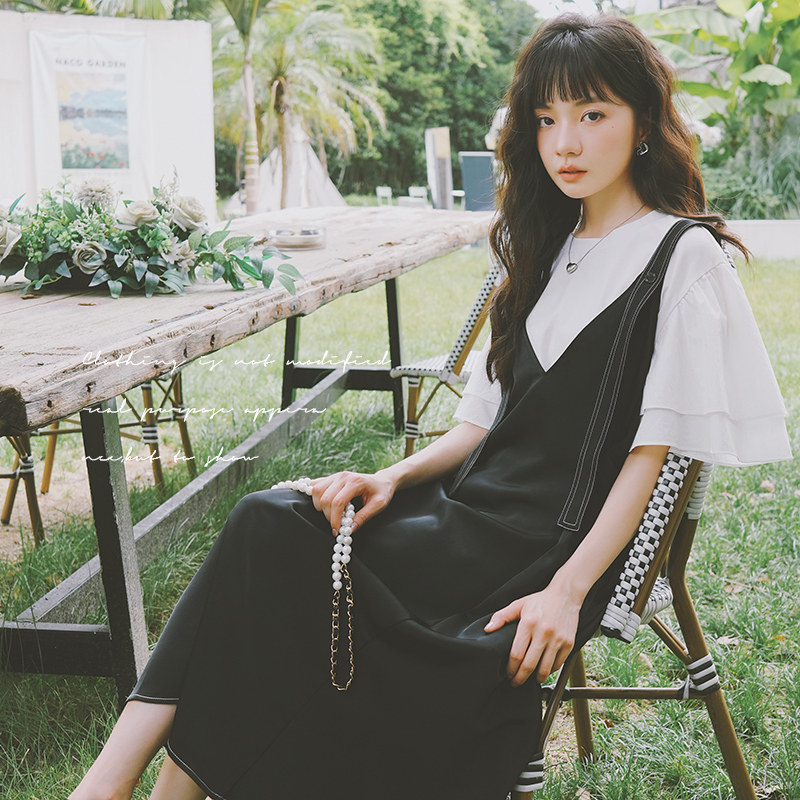 法式泡泡袖假两件连衣裙女2024夏季新款高级感气质显瘦小个子裙子,女装套装/套裙,浙宝199