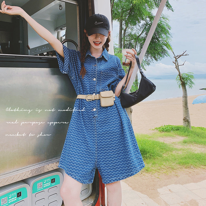 蓝色牛仔连衣裤女夏季2024新款宽松遮肉小个子设计感阔腿连体短裤,女装连衣裙,浙宝199