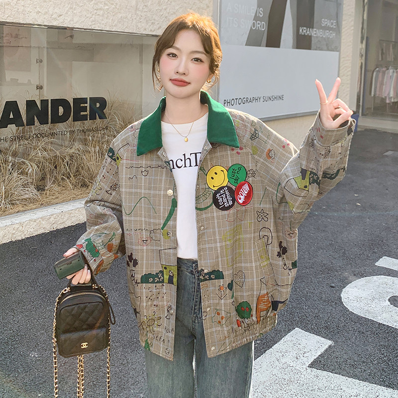 美式复古格纹涂鸦外套女2025春季新款学院风休闲减龄夹克上衣爆款,女装西装,浙宝199