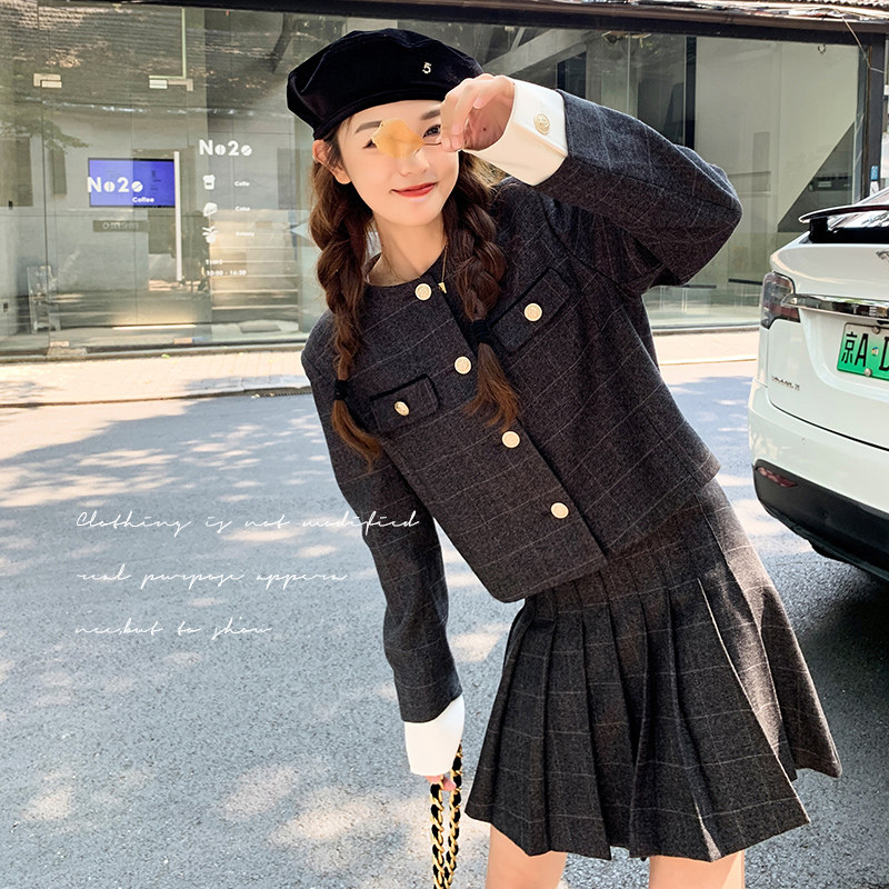 春秋高级感学院风灰色格子小个子百褶裙子无领小西装女,女装职业装,浙宝199