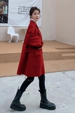 红色韩版洋气宽松毛呢外套女冬中长款小个子2024新款时尚呢子大衣，女装毛呢外套，浙宝199