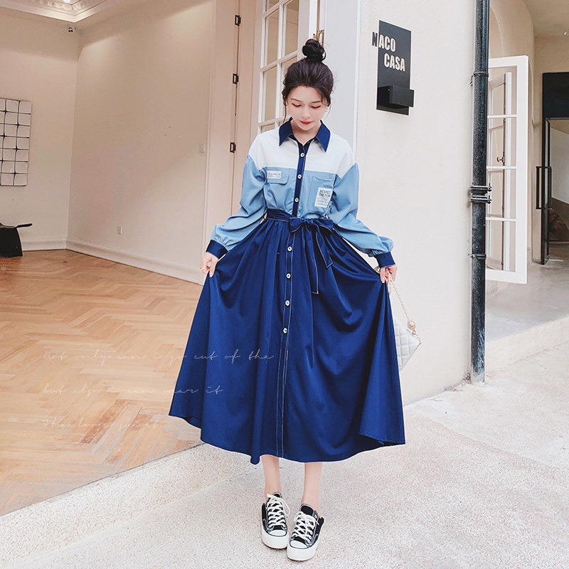 法式拼色蓝色长袖连衣裙女2025早春新款衬衫裙不规则桔梗a字长裙,女装连衣裙,浙宝199