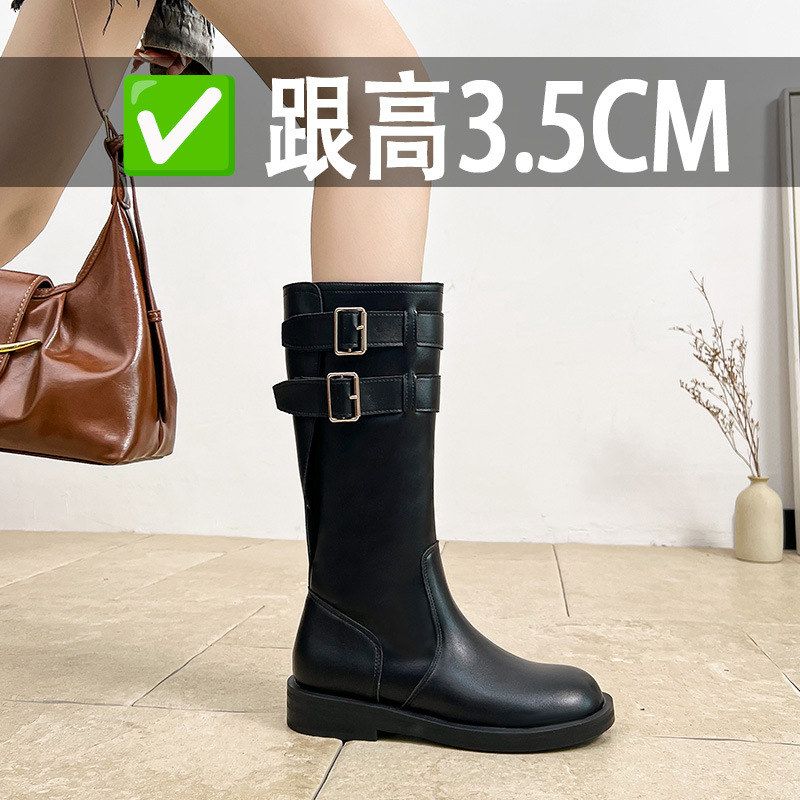 ANN厚底粗跟扣带中高筒靴长靴女2026秋冬皮带扣黑色马丁靴骑士靴