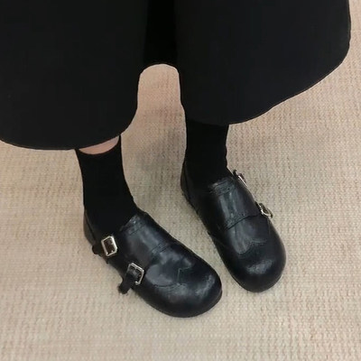 皮带扣布洛克平底加绒小皮鞋