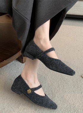 灰色毛呢法式气质低跟毛毛单鞋女2025新款仙女晚风加绒玛丽珍鞋